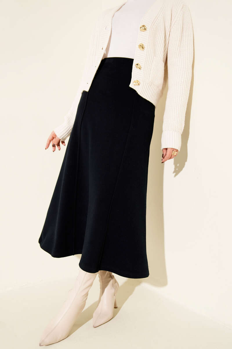 Ribbed Felt Skirt with Stitching - Navy