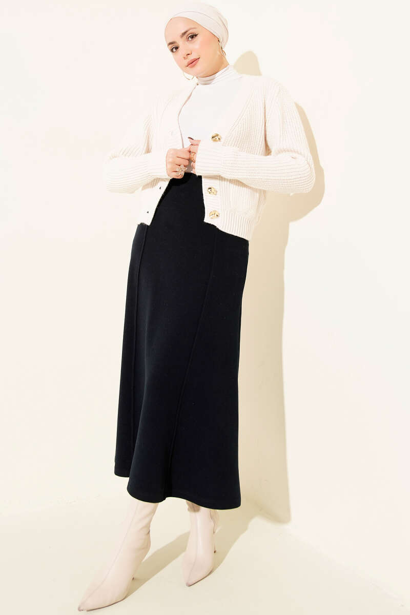 Ribbed Felt Skirt with Stitching - Navy