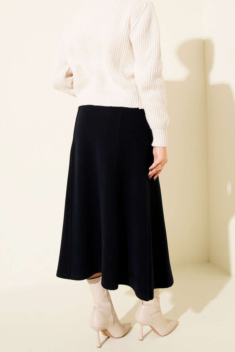 Ribbed Felt Skirt with Stitching - Navy