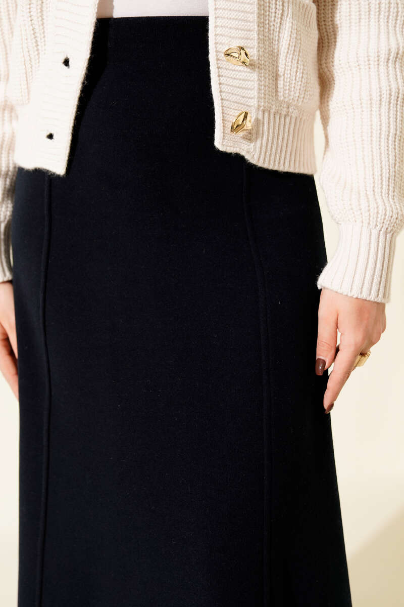 Ribbed Felt Skirt with Stitching - Navy