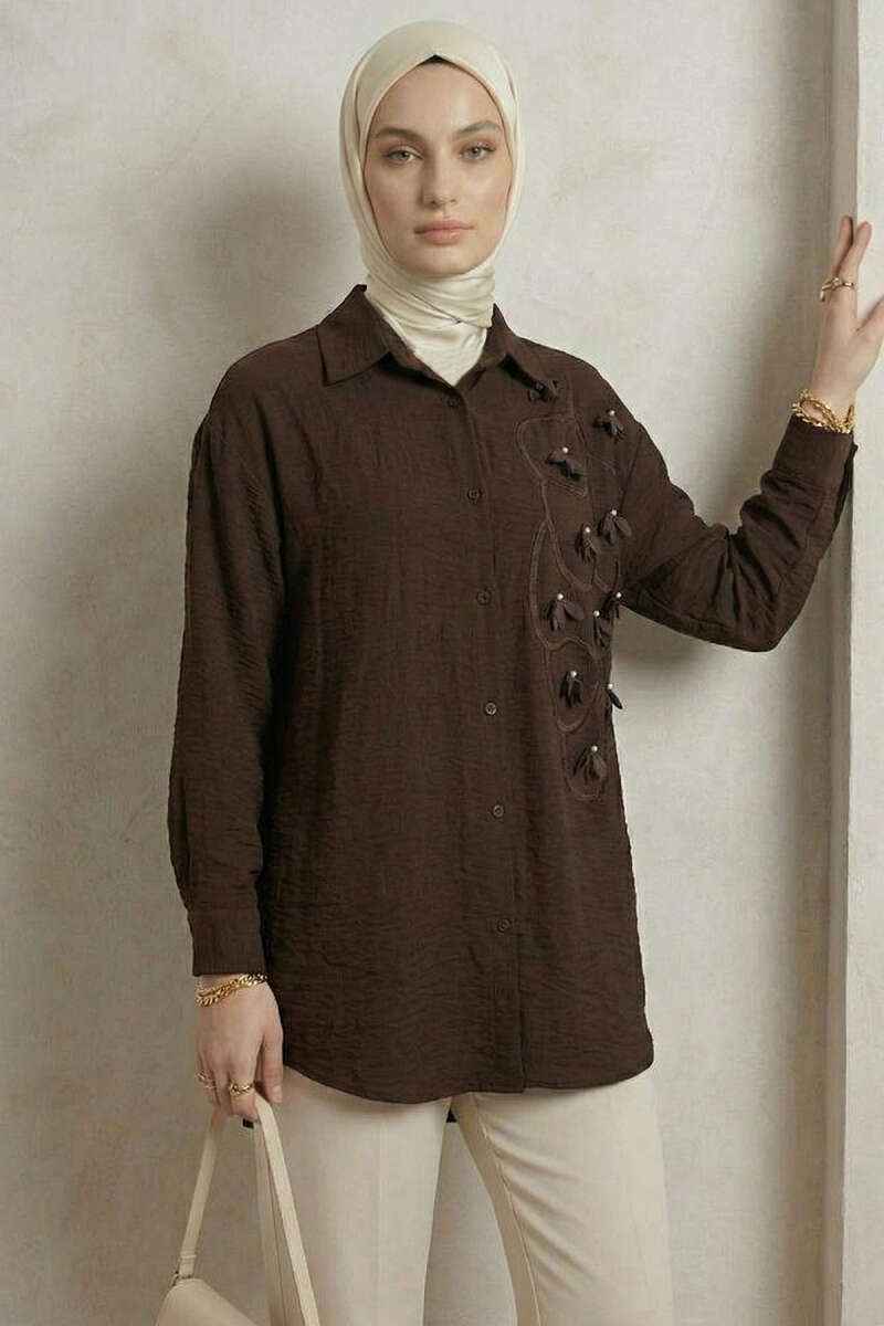 Floral Textured Crepe Shirt - Dark Brown