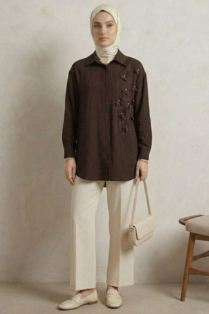 Floral Textured Crepe Shirt - Dark Brown