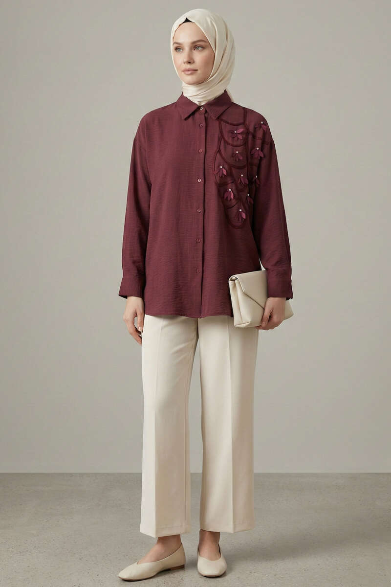 Floral Textured Crepe Shirt - Burgundy