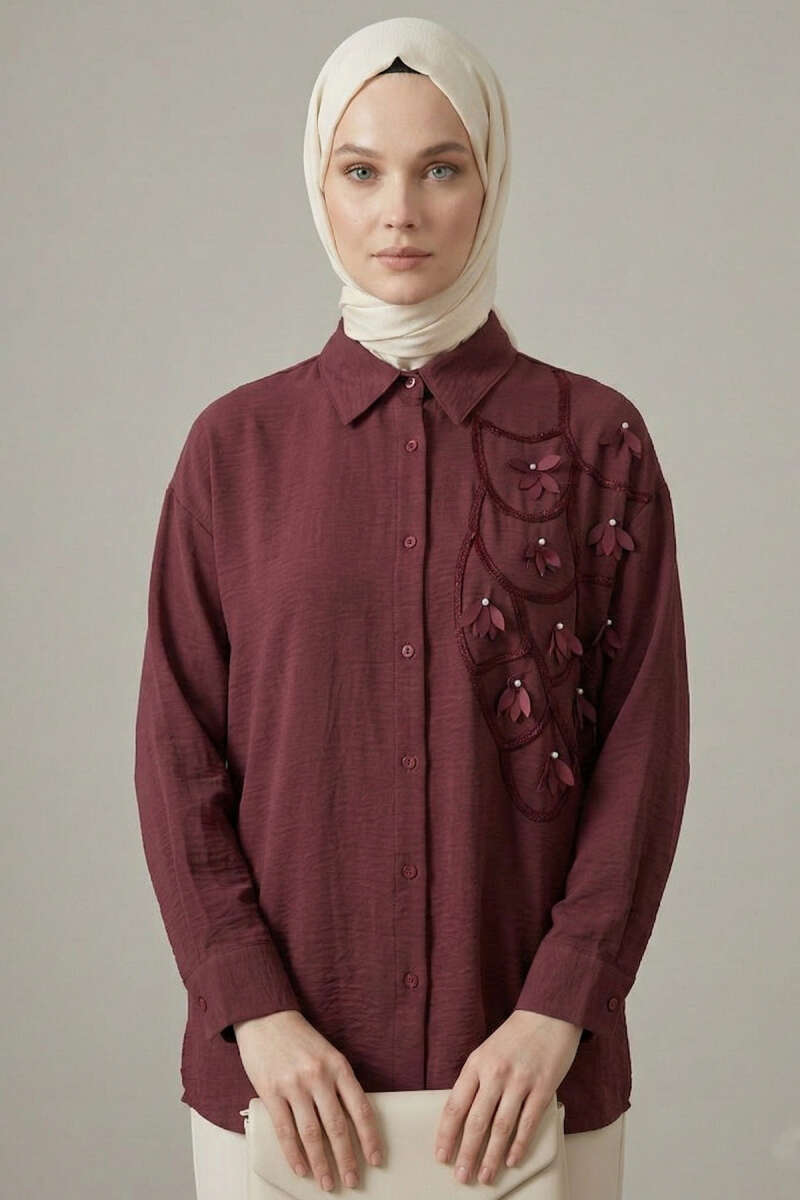 Floral Textured Crepe Shirt - Burgundy