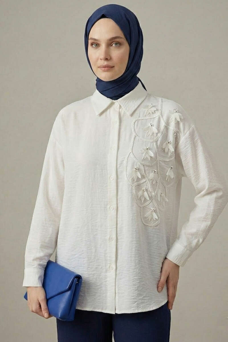 Floral Textured Crepe Shirt - Ecru