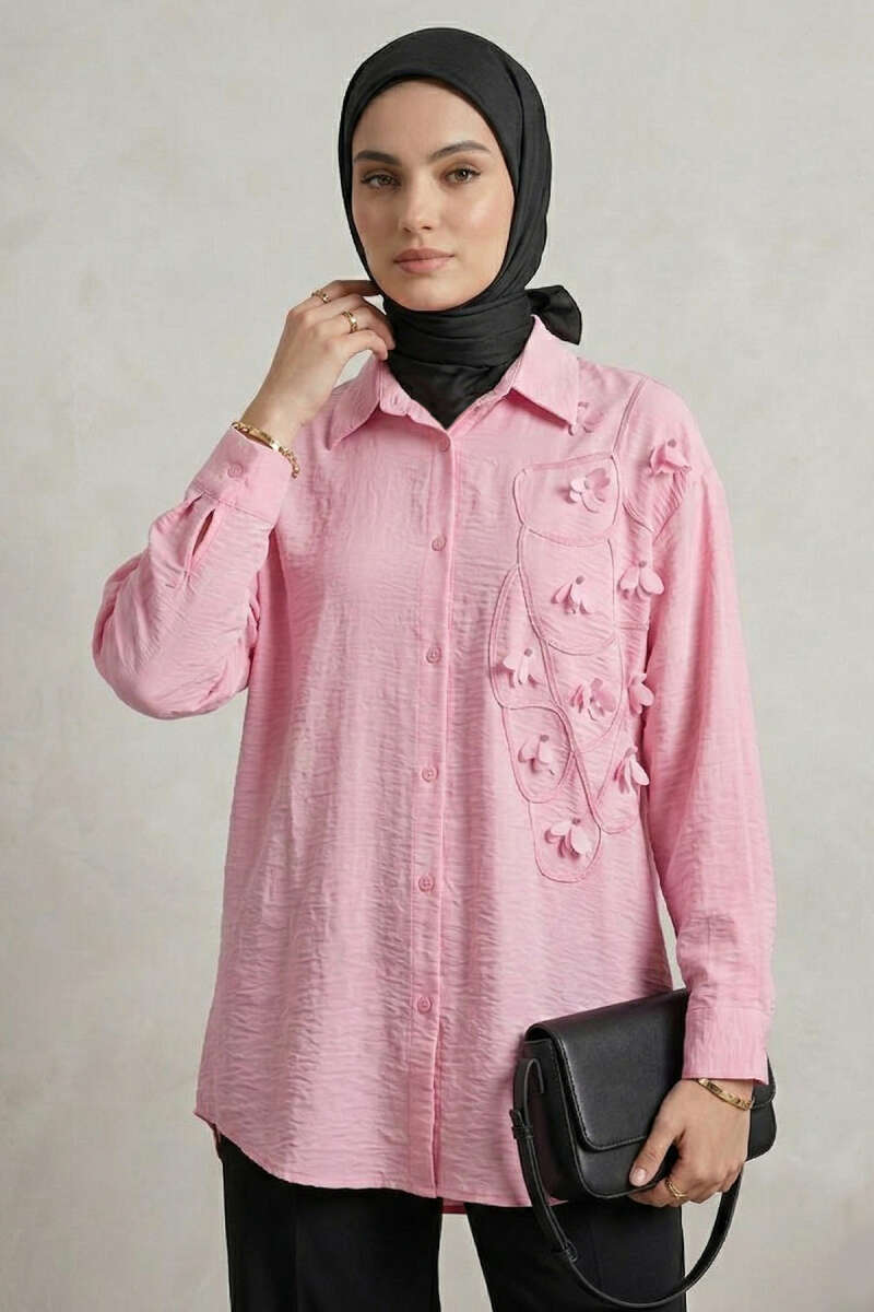 Floral Textured Crepe Shirt - Pink