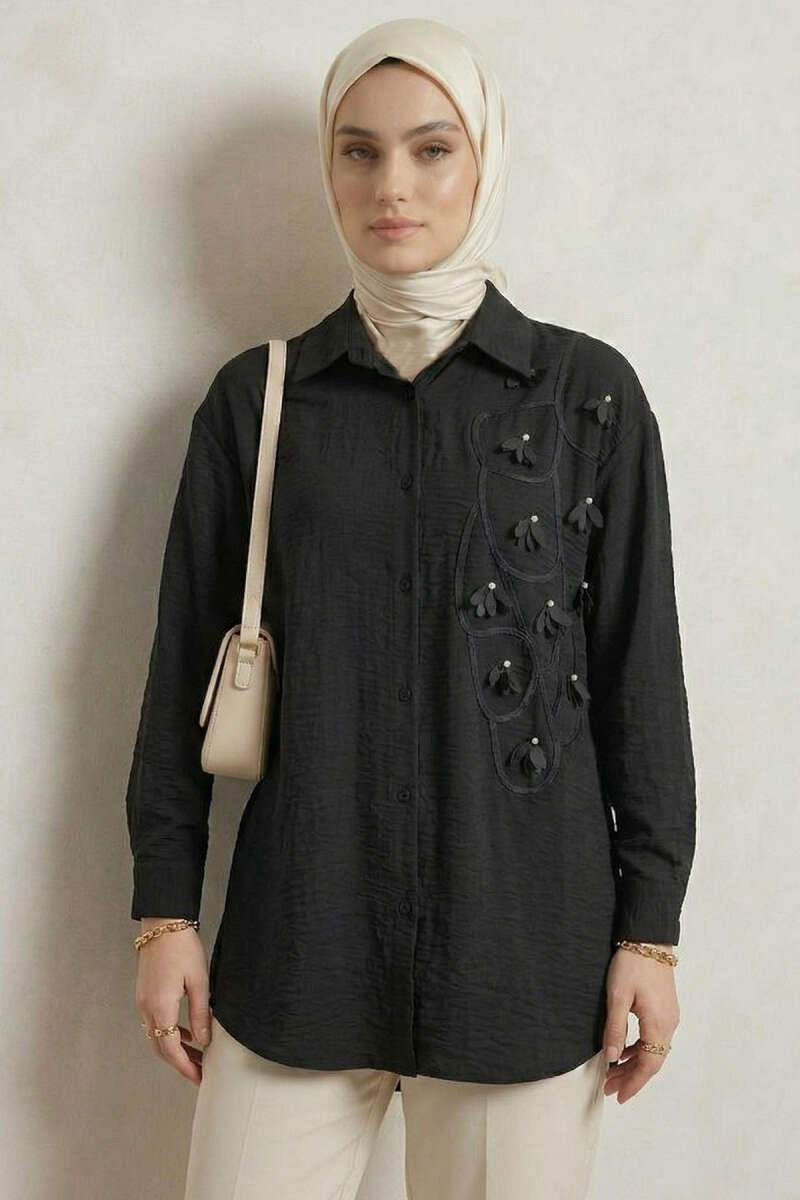 Floral Textured Crepe Shirt - Black