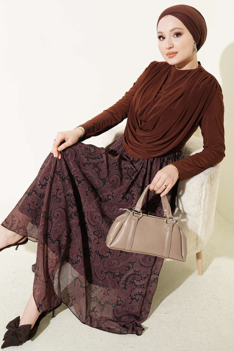 Printed Cowl-Neck Two-Piece Set - Brown