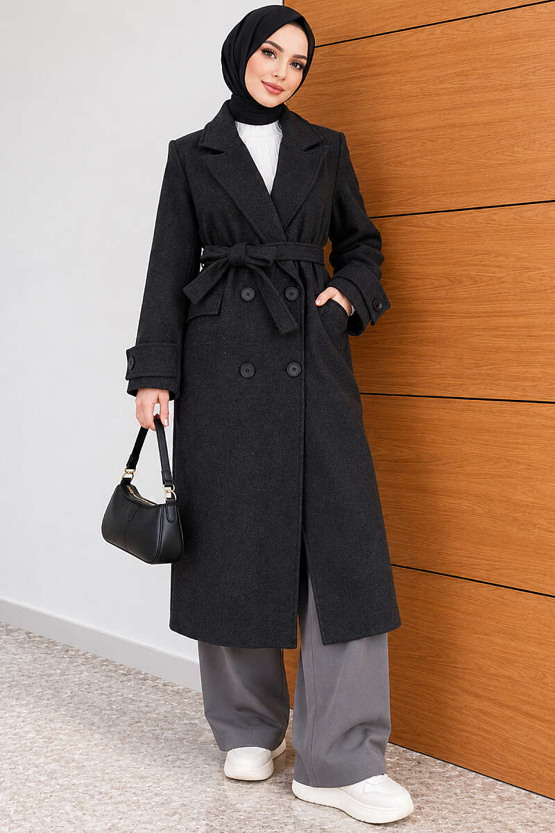Belted Four-Button Felt Coat - Charcoal