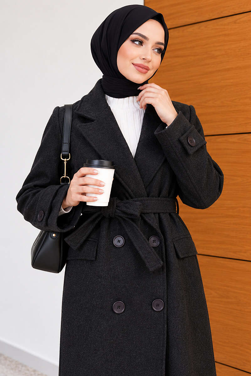 Belted Four-Button Felt Coat - Charcoal