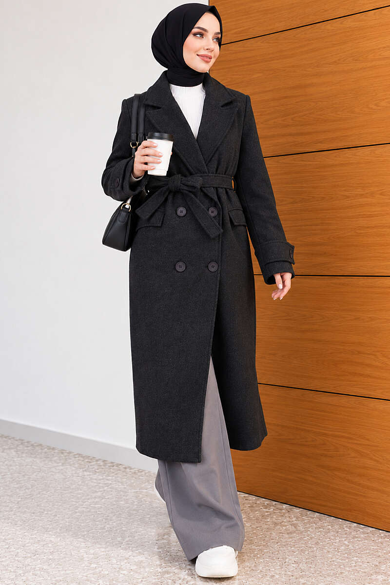 Belted Four-Button Felt Coat - Charcoal