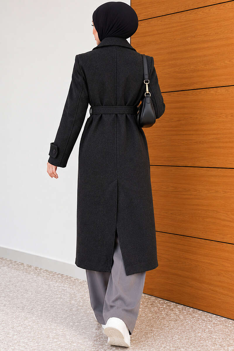 Belted Four-Button Felt Coat - Charcoal