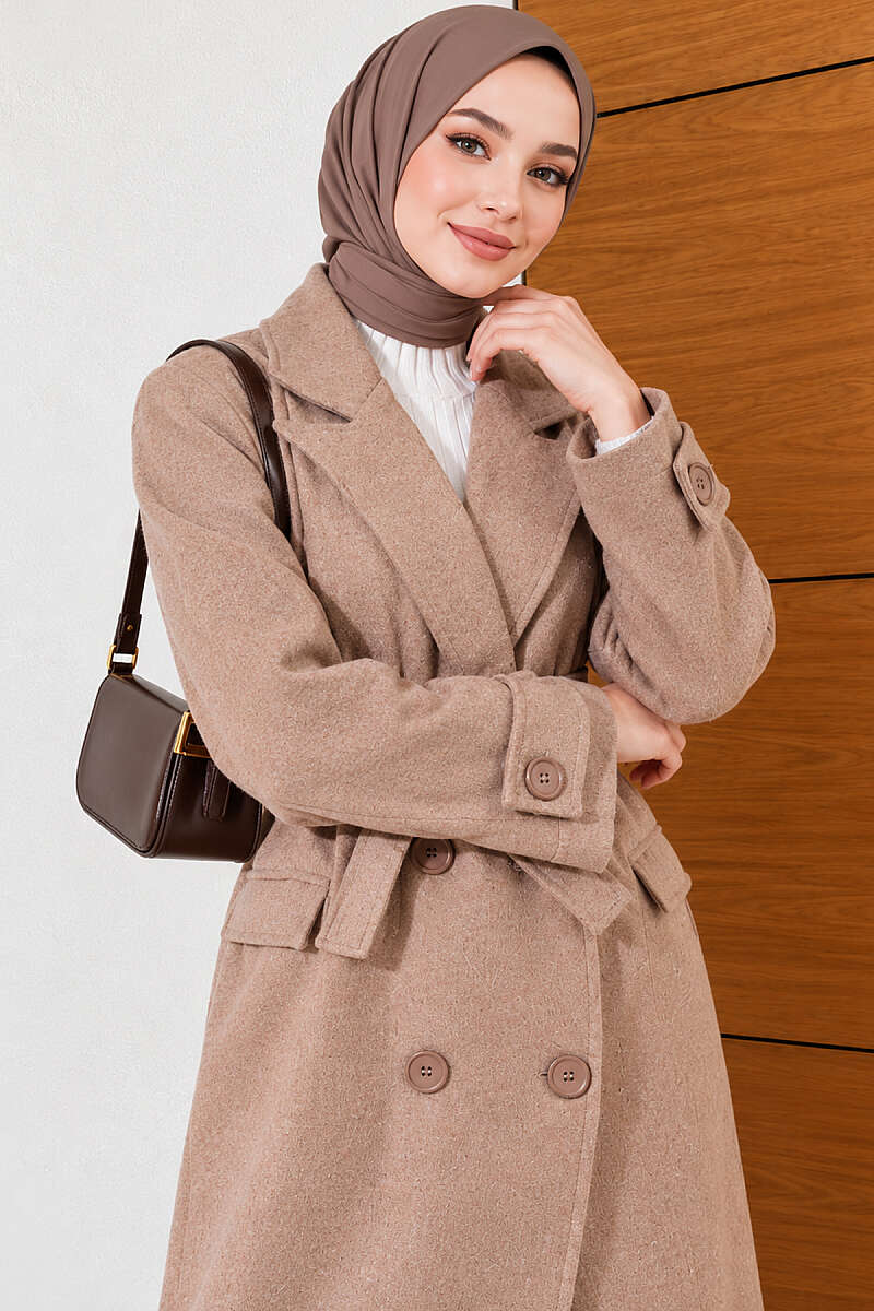 Belted Four-Button Felt Coat - Beige