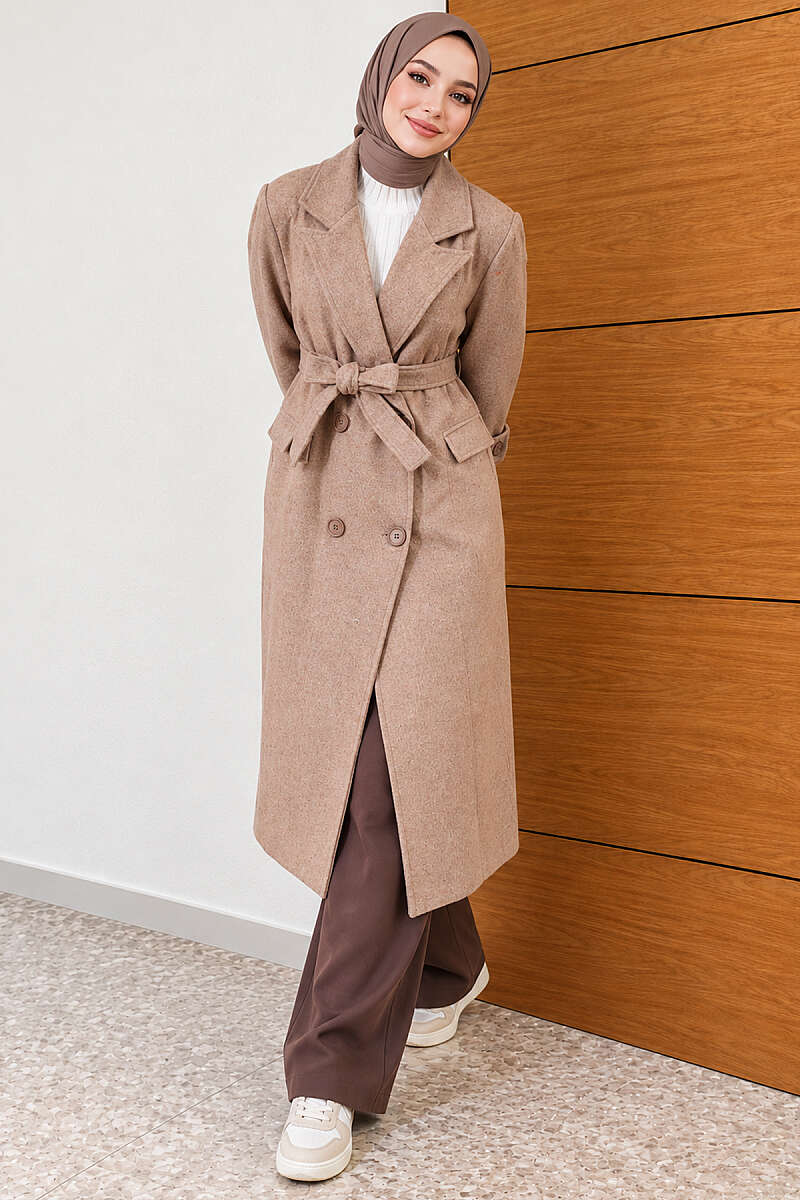 Belted Four-Button Felt Coat - Beige