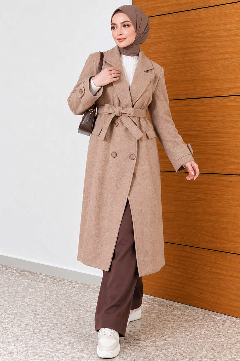 Belted Four-Button Felt Coat - Beige