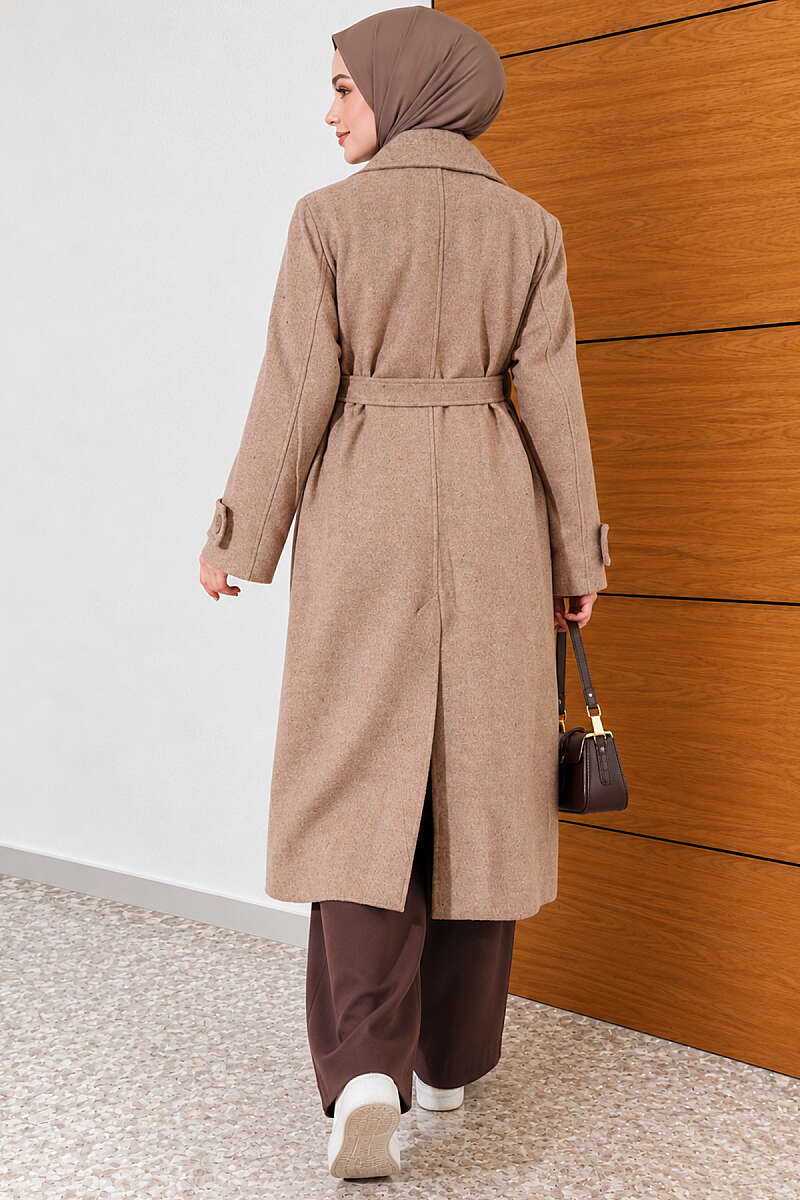Belted Four-Button Felt Coat - Beige