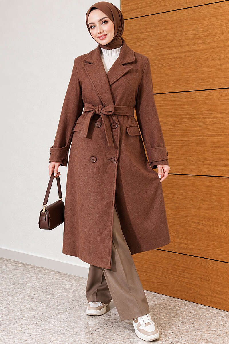 Belted Four-Button Felt Coat - Brown