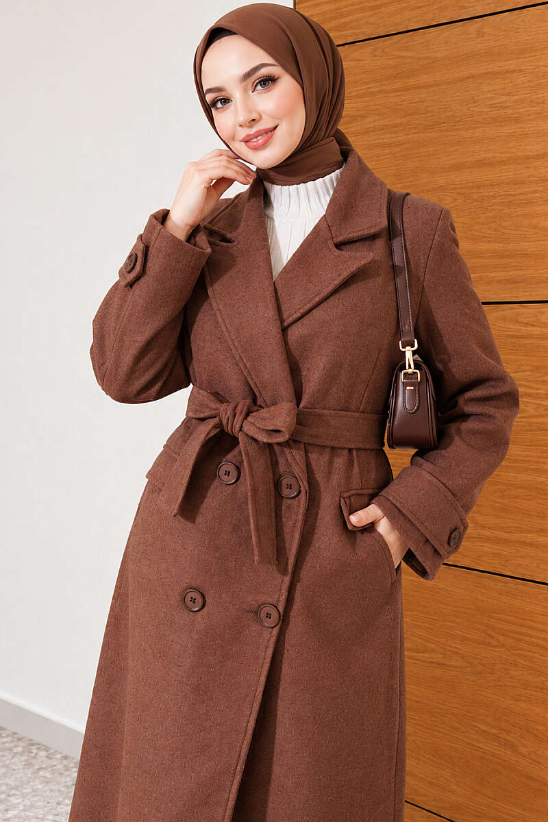 Belted Four-Button Felt Coat - Brown