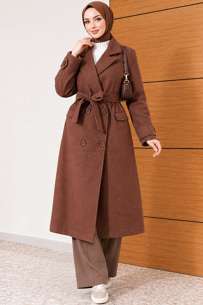 Belted Four-Button Felt Coat - Brown