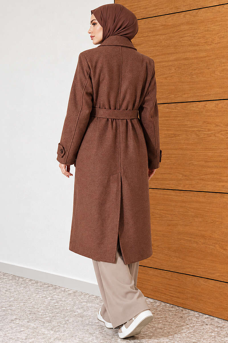 Belted Four-Button Felt Coat - Brown