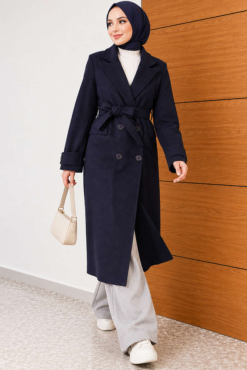 Belted Four-Button Felt Coat - Navy