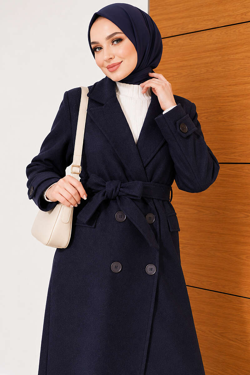 Belted Four-Button Felt Coat - Navy
