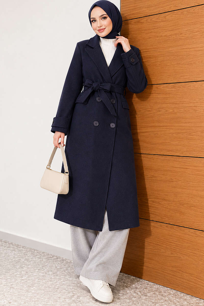 Belted Four-Button Felt Coat - Navy
