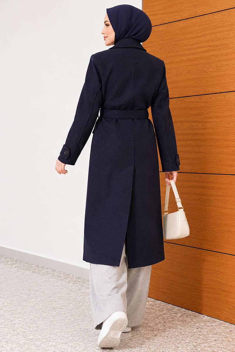 Belted Four-Button Felt Coat - Navy