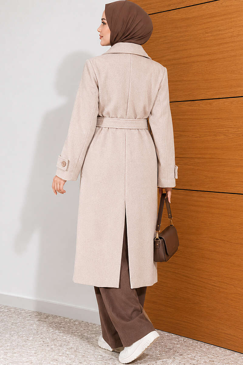 Belted Four-Button Felt Coat - Stone