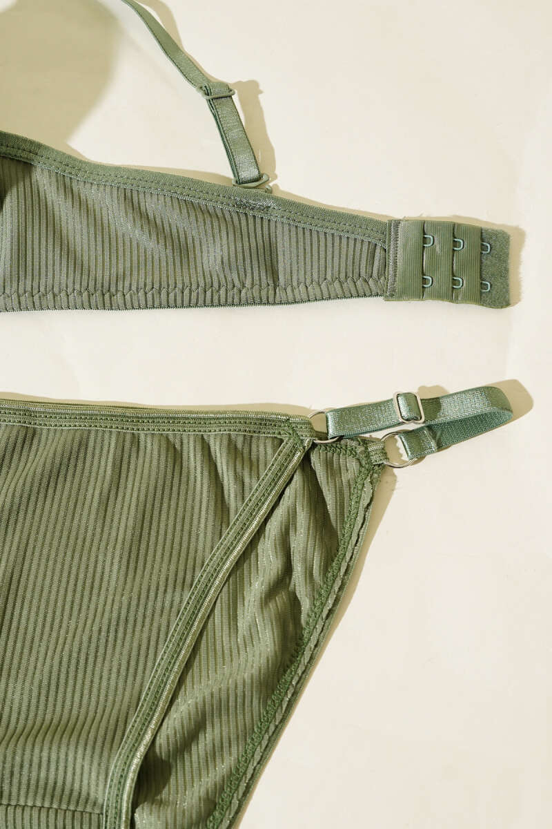 Ribbed Double Push-Up Bra Set - Khaki