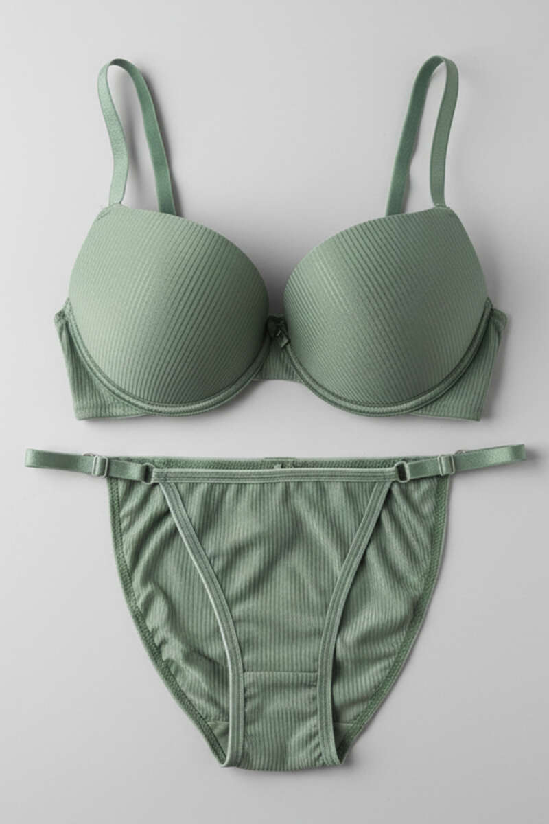Ribbed Double Push-Up Bra Set - Khaki