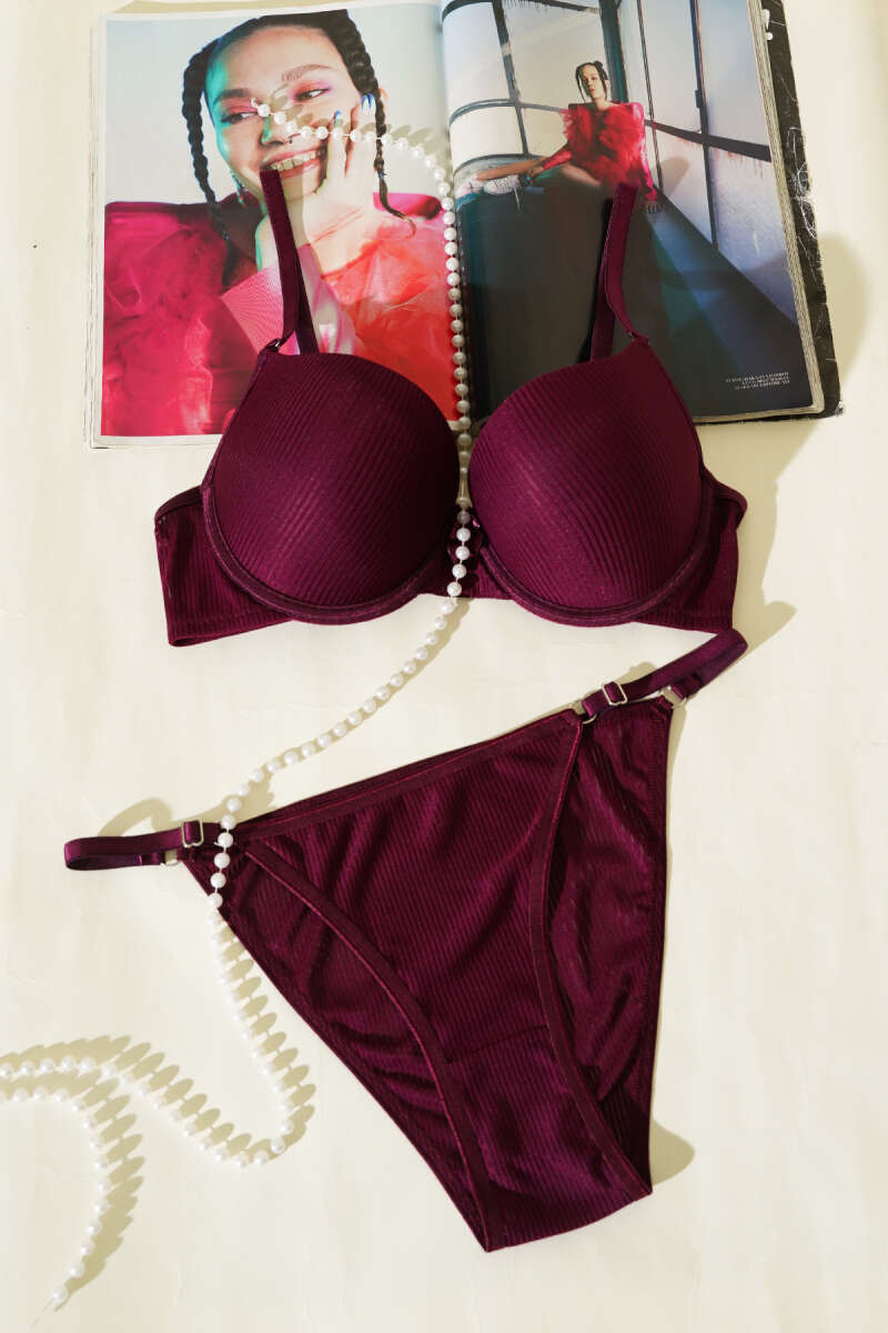 Ribbed Double Push-Up Bra Set - Plum