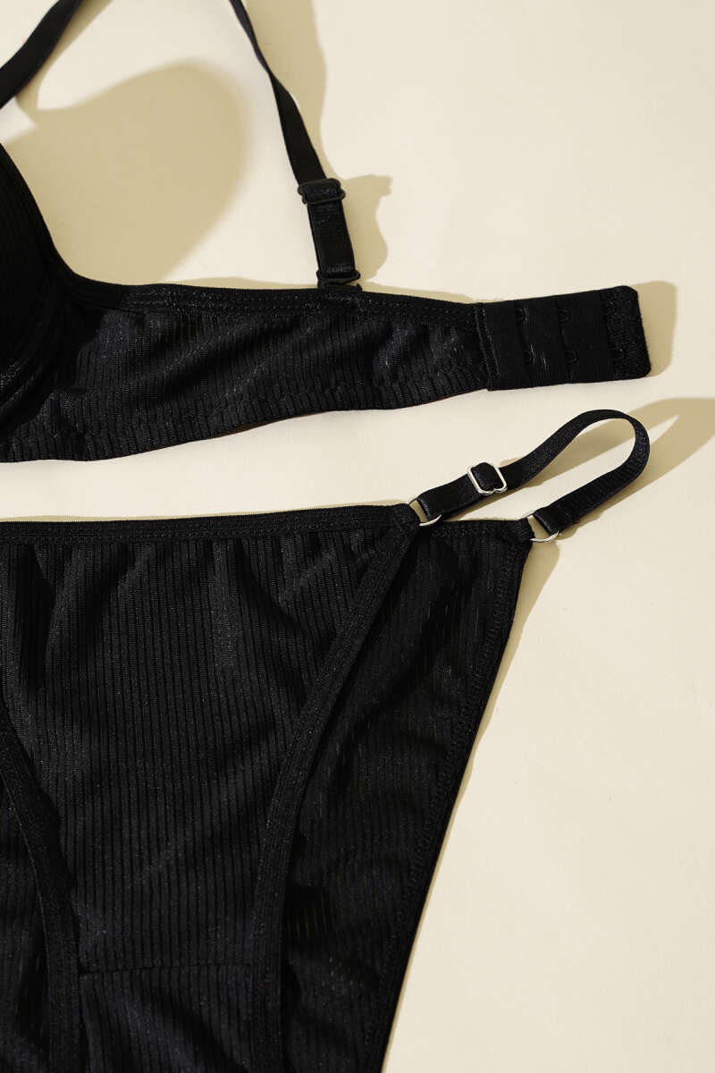 Ribbed Double Push-Up Bra Set - Black