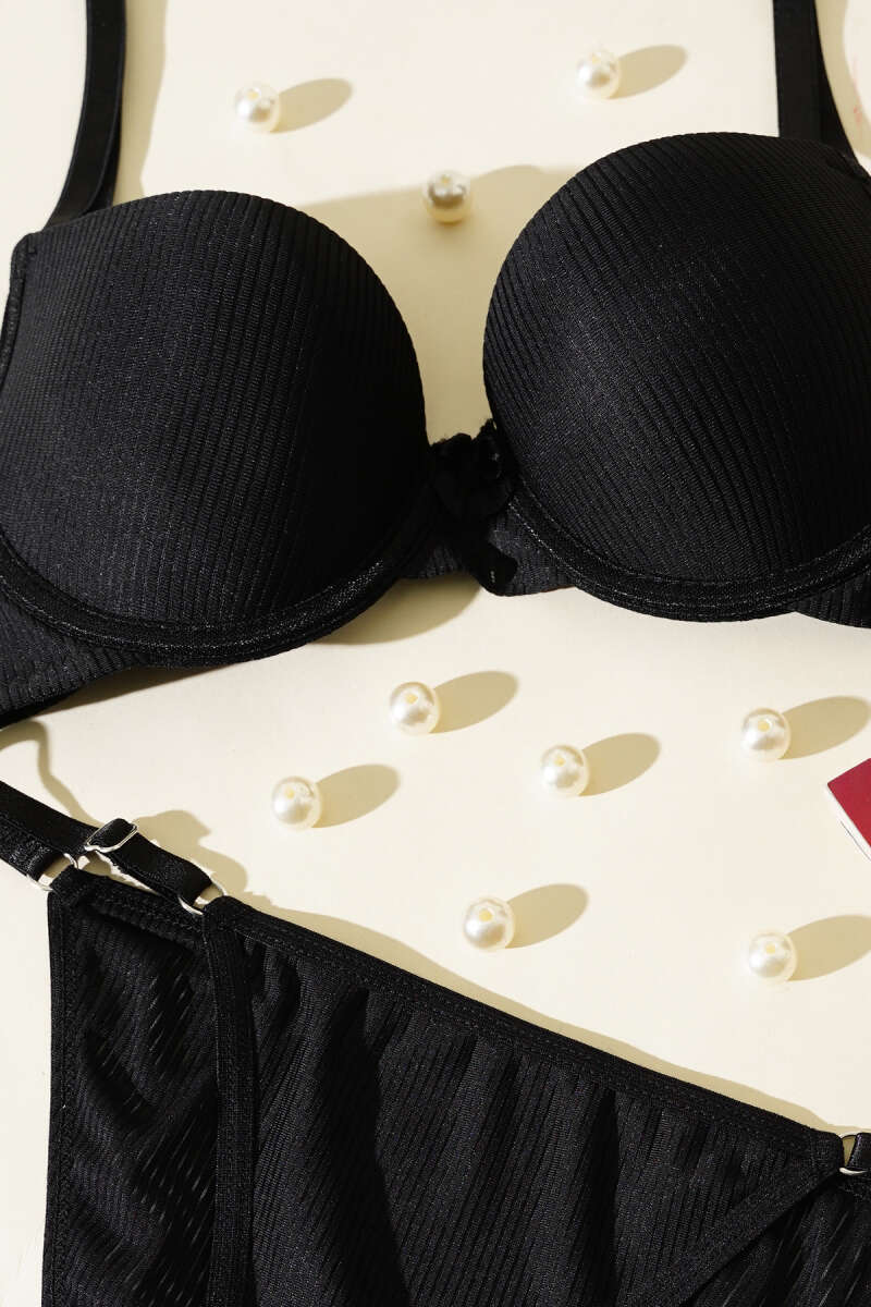 Ribbed Double Push-Up Bra Set - Black