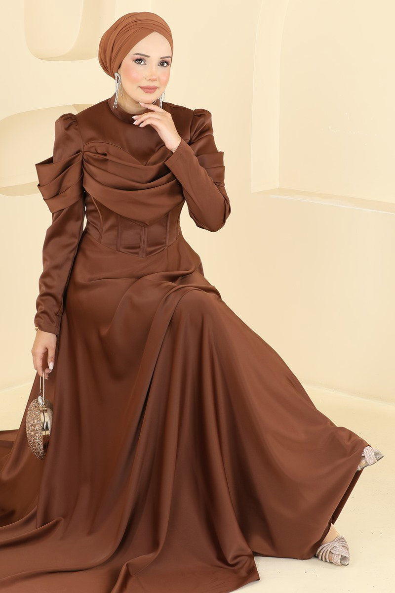 Elegant Draped Satin Evening Dress - Brown