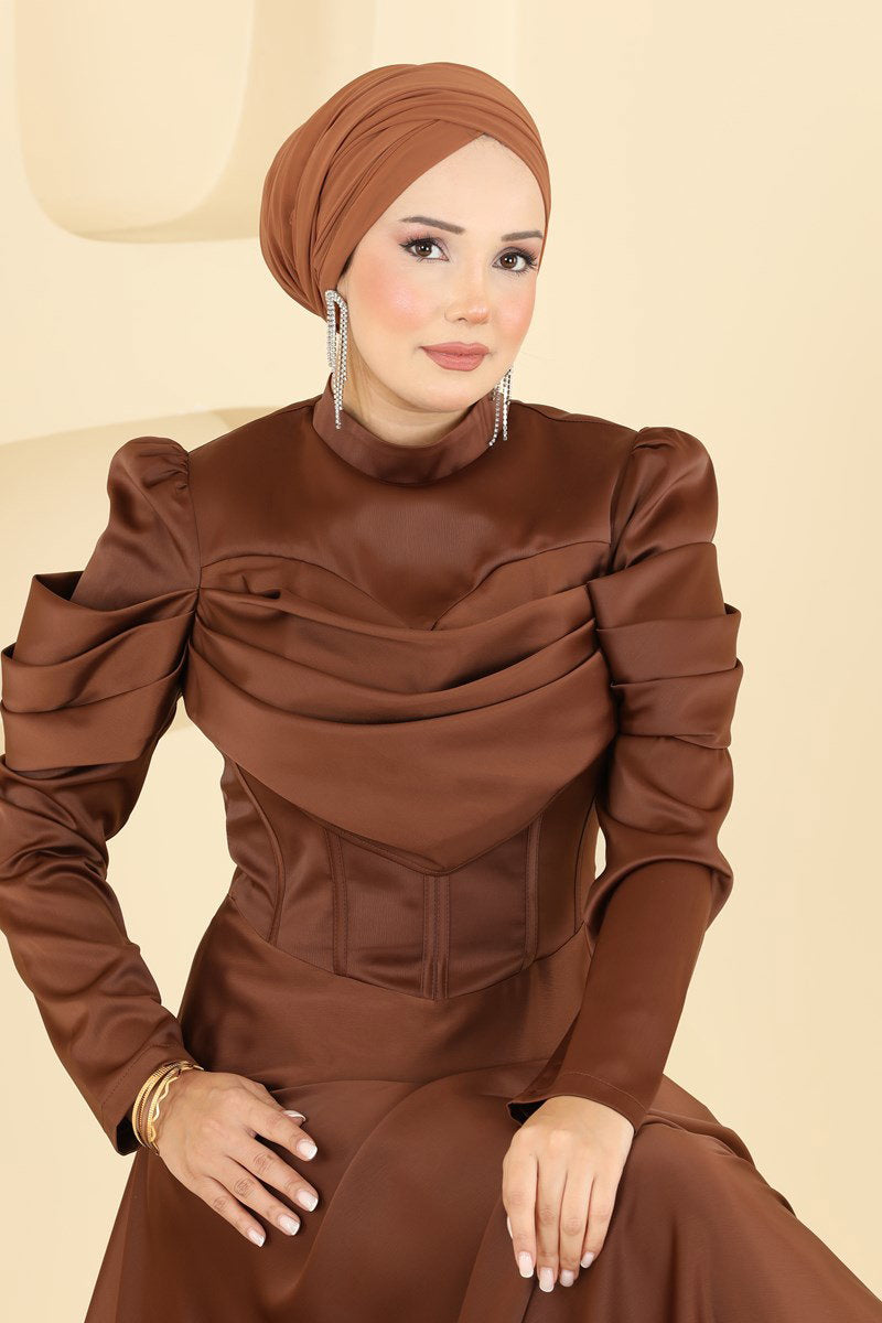 Elegant Draped Satin Evening Dress - Brown