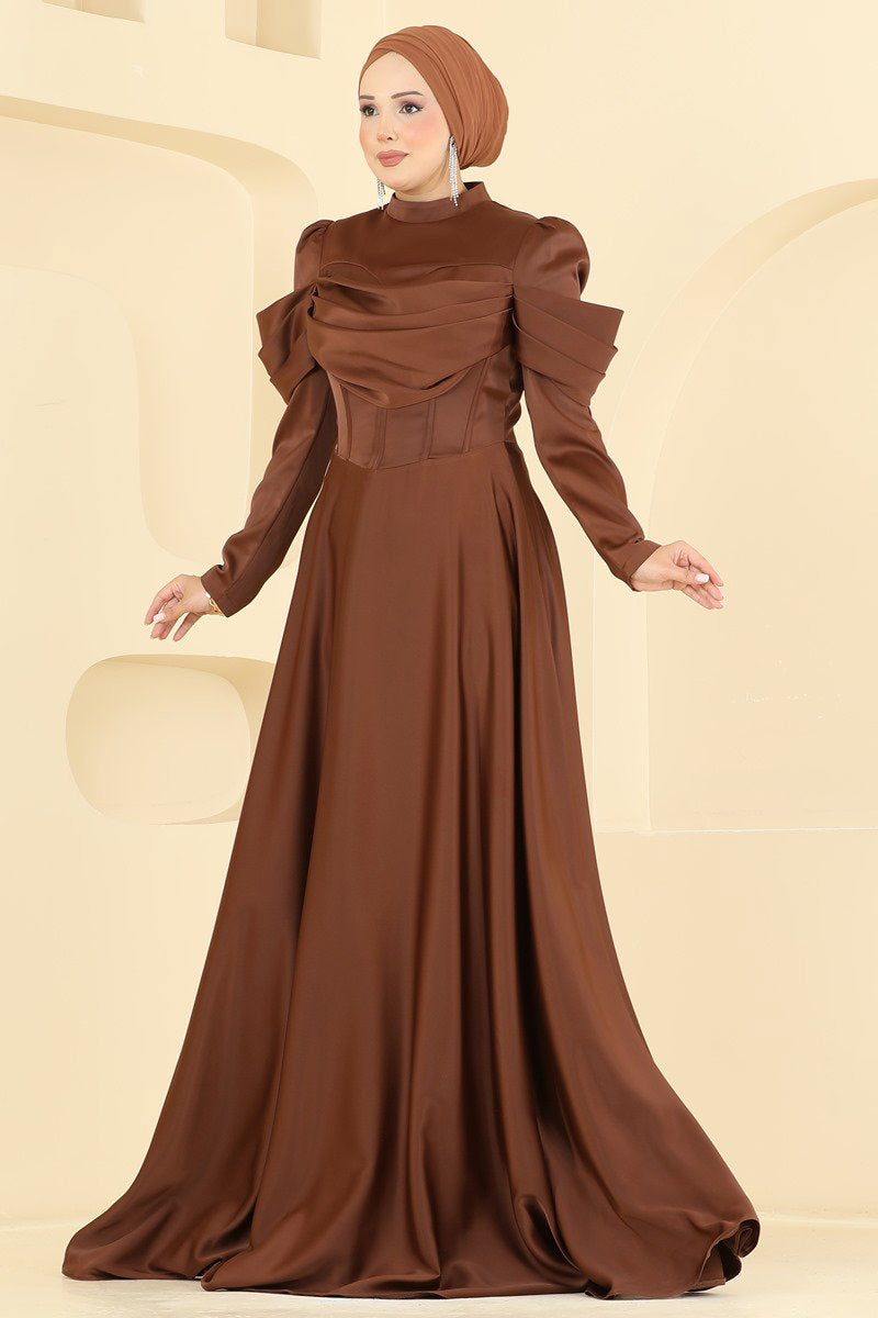 Elegant Draped Satin Evening Dress - Brown