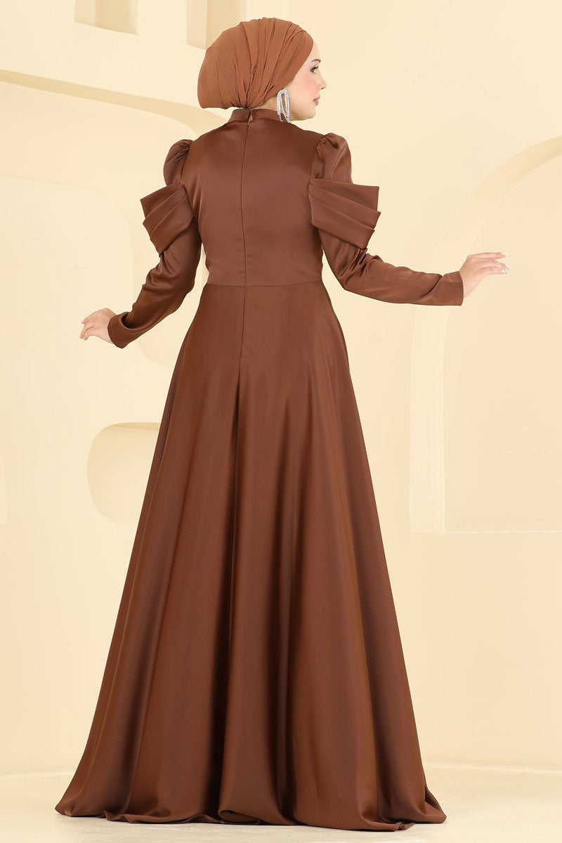 Elegant Draped Satin Evening Dress - Brown