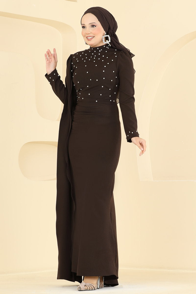 Draped Embellished Evening Dress - Dark Brown