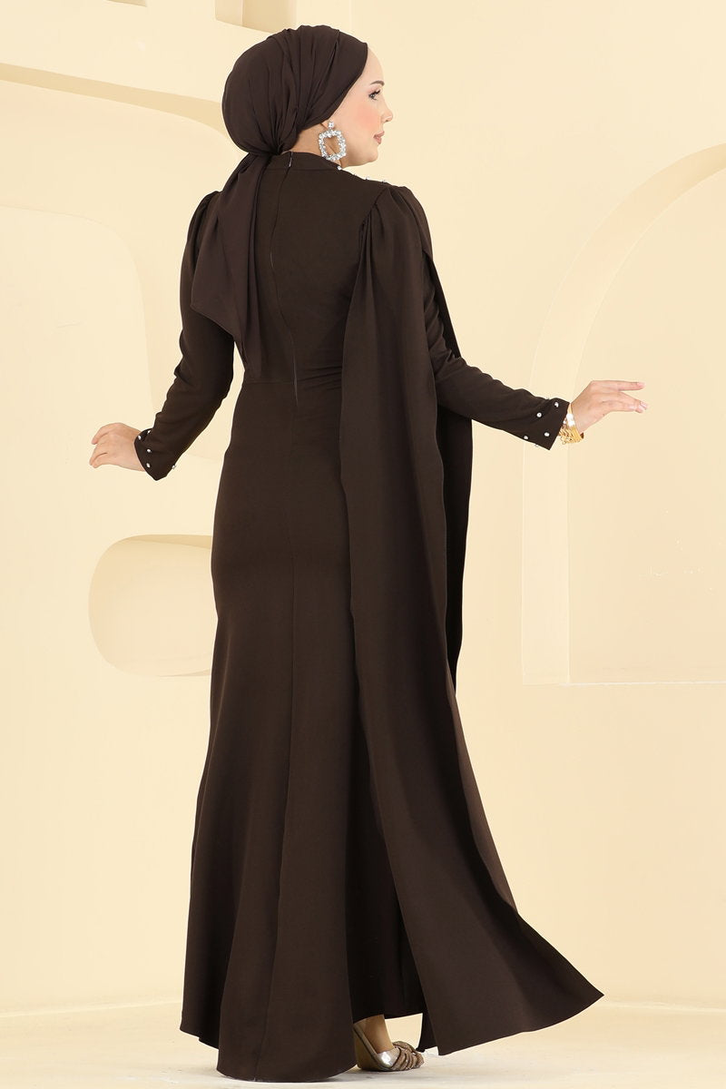Draped Embellished Evening Dress - Dark Brown
