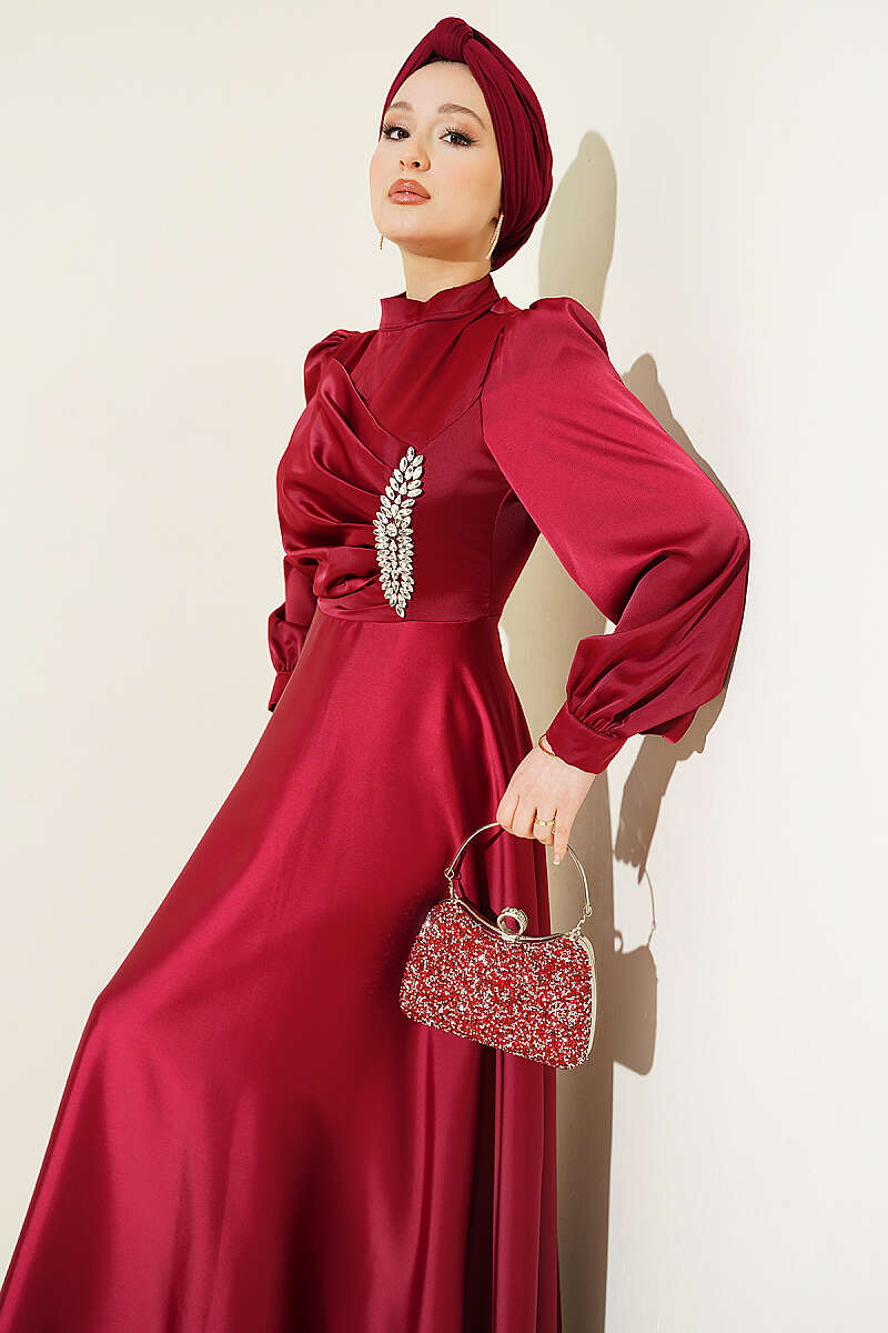 Draped Satin Evening Dress with Stone Bodice - Burgundy