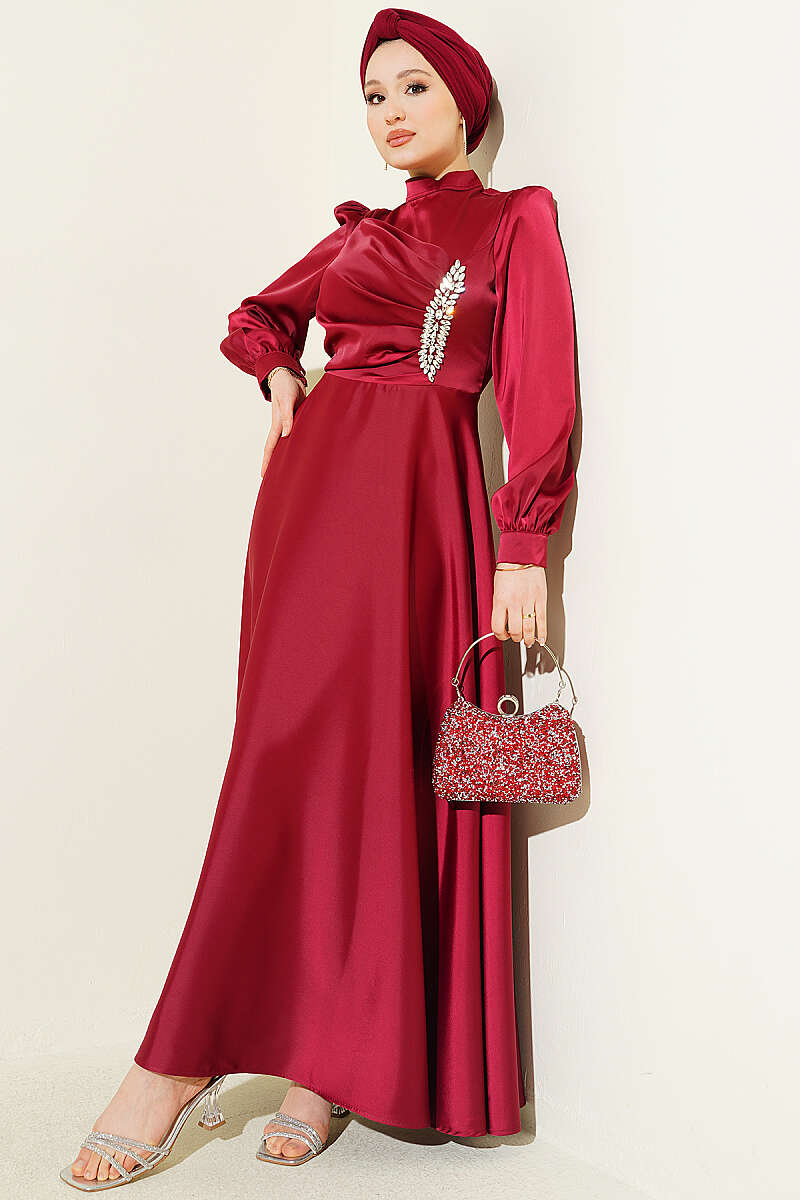 Draped Satin Evening Dress with Stone Bodice - Burgundy