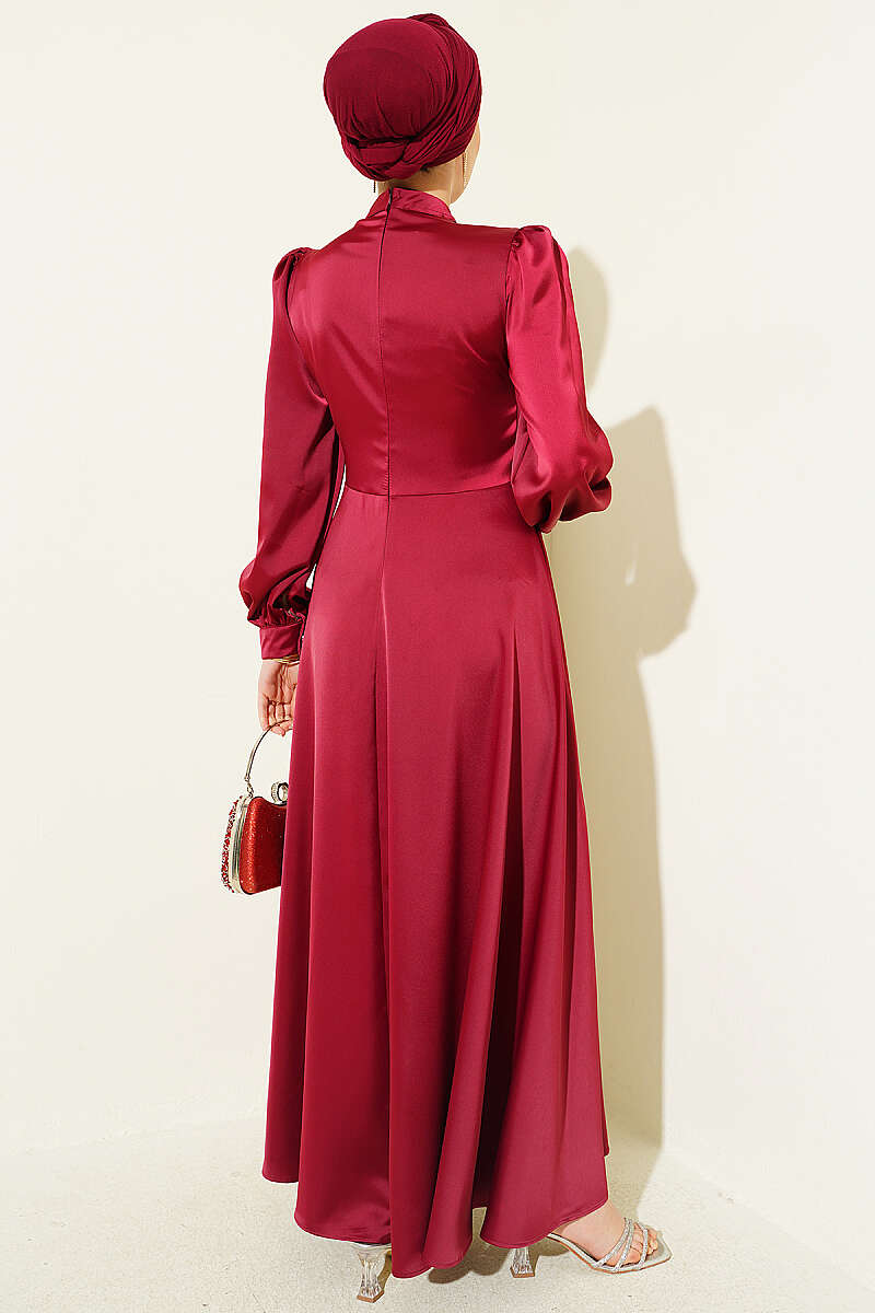 Draped Satin Evening Dress with Stone Bodice - Burgundy