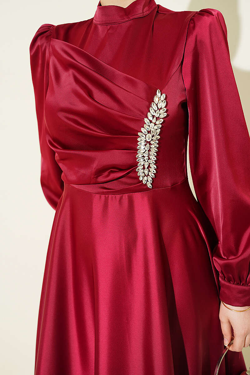 Draped Satin Evening Dress with Stone Bodice - Burgundy