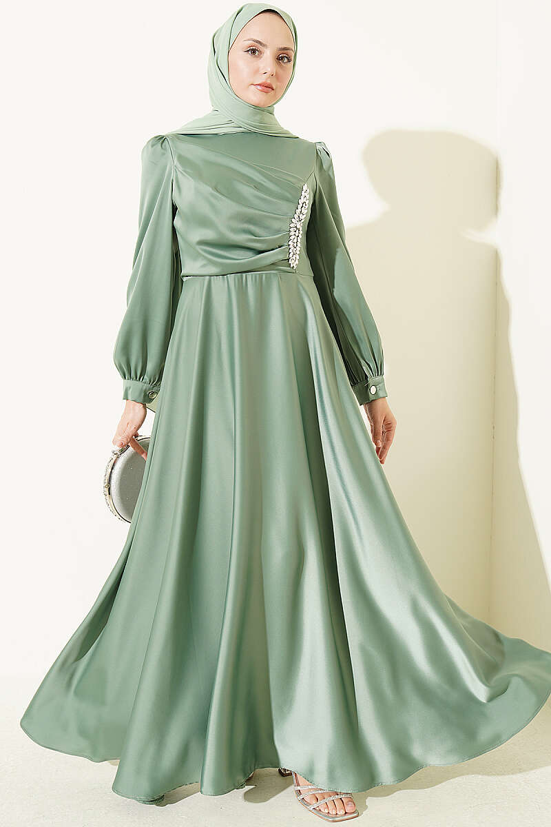 Draped Satin Evening Dress with Stone Bodice - Almond Green