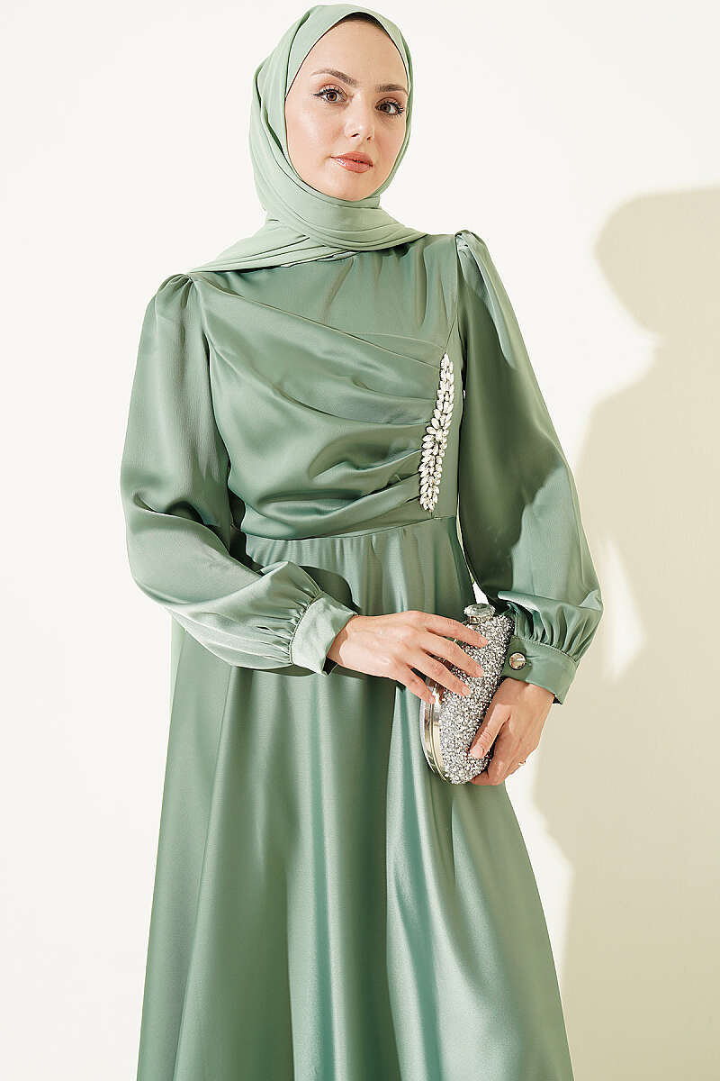 Draped Satin Evening Dress with Stone Bodice - Almond Green
