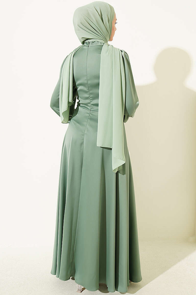 Draped Satin Evening Dress with Stone Bodice - Almond Green