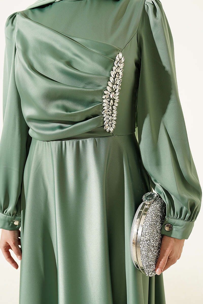 Draped Satin Evening Dress with Stone Bodice - Almond Green