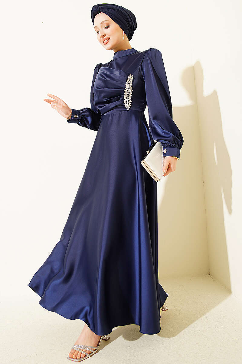 Draped Satin Evening Dress with Stone Bodice - Navy