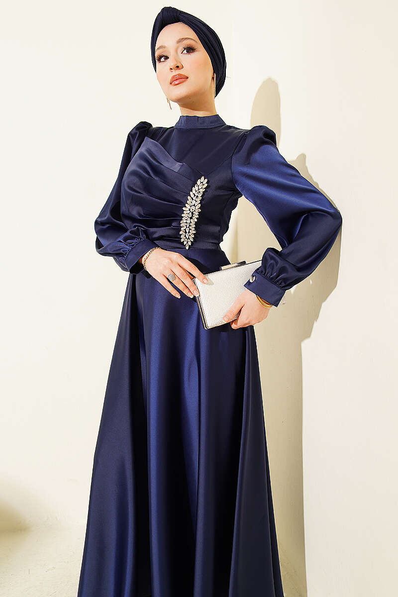 Draped Satin Evening Dress with Stone Bodice - Navy